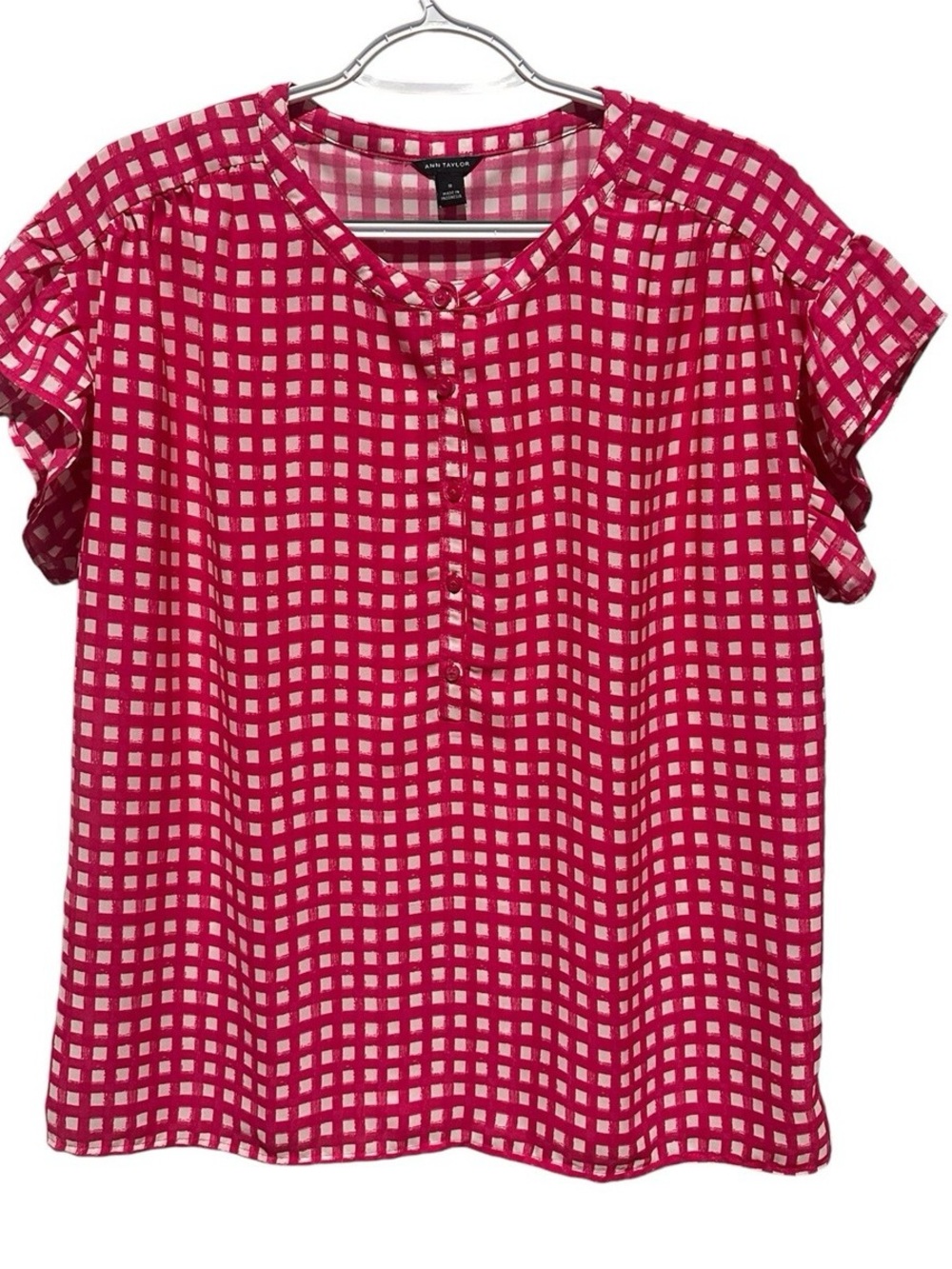 NWOT ANN TAYLOR Checked Short Sleeve Blouse, Flutter Sleeve, Button Front